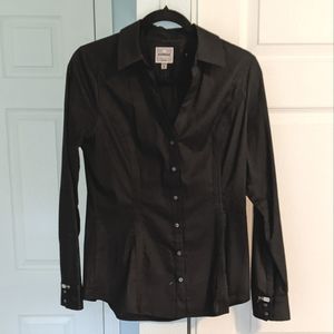 Express "The Essential Shirt - Fitted" Button Down Black Shirt - Long Sl…